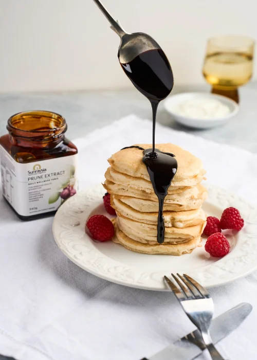 Sunrayisa prune extract served on pancakes