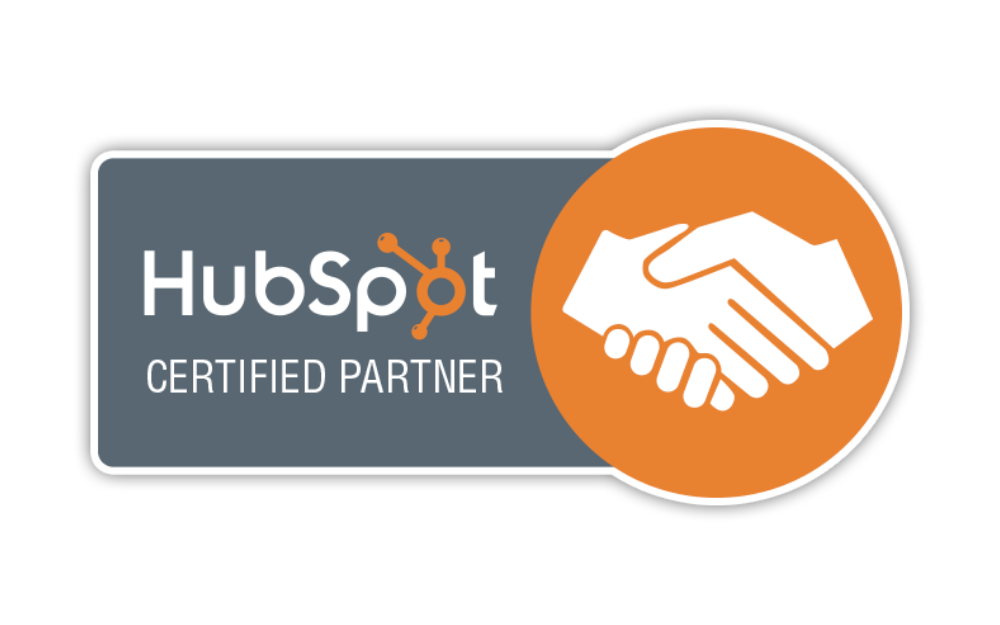 17 HubSpot Certified Partner - UNTMD Digital Marketing Agency in Australia | UNTMD | Award-Winning Digital Marketing Agency in Australia HubSpot Certified Partner badge with a white handshake icon on an orange circle overlapping a gray rounded rectangle background.
