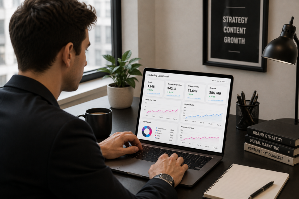 Man in a dark blazer uses a laptop showing a marketing dashboard with charts and numbers.